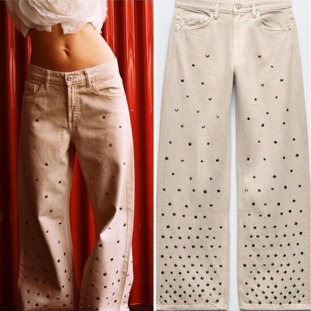 ZARA 0 2 4 NEW WOMAN MID-RISE Studded TRF JEANS Relaxed Pant Beige 8197/028